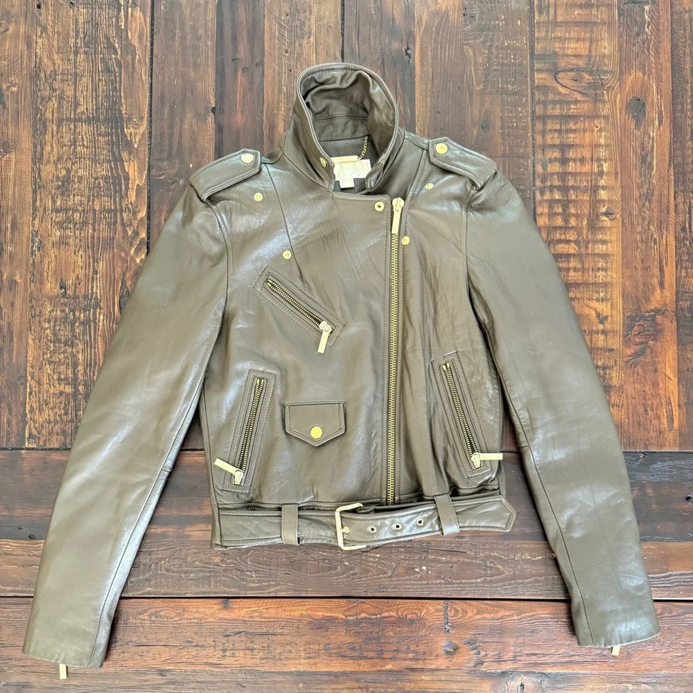 MICHAEL Michael Kors dark olive brown lamb leather moto jacket size S. EUC. - Picture 4 of 8